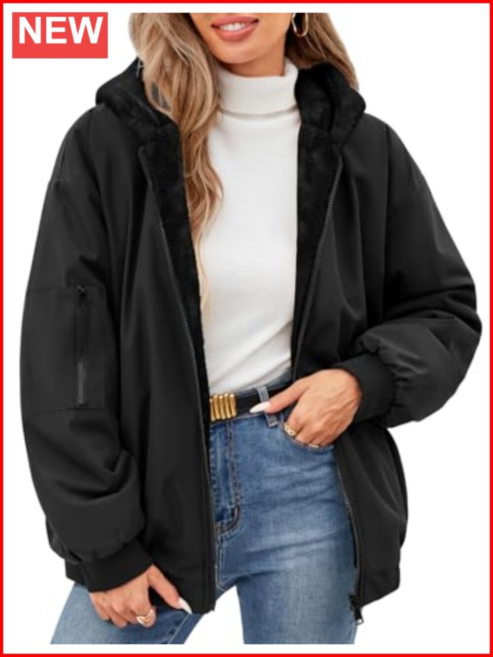 Womens Reversible Fleece Jacket Hooded Zip Up Coat with Pockets Water Repellent